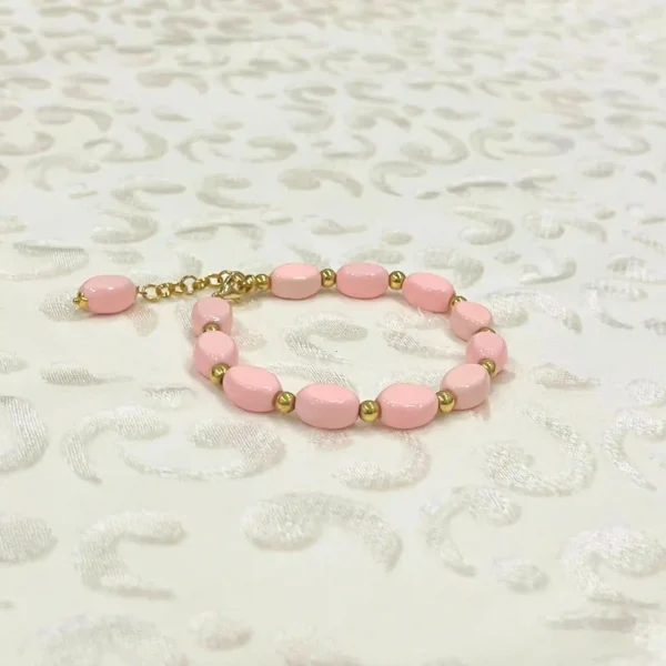 Charming Pink Ceramic Bead Bracelet with Gold Chain and Accents