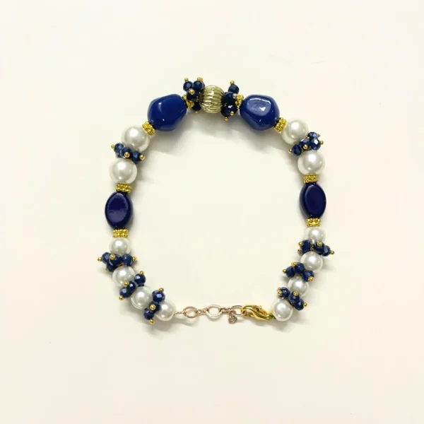 Dark Blue Onyx Bracelet with Pearl Embellishments and Gold-Tone Accents