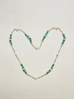 Chic White Pearl Necklace with Green Oval Beads, Orange Beads, and Gold-Tone Chain