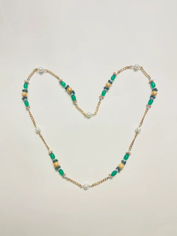 Chic White Pearl Necklace with Green Oval Beads, Orange Beads, and Gold-Tone Chain