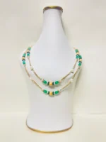 Chic White Pearl Necklace with Green Oval Beads, Orange Beads, and Gold-Tone Chain