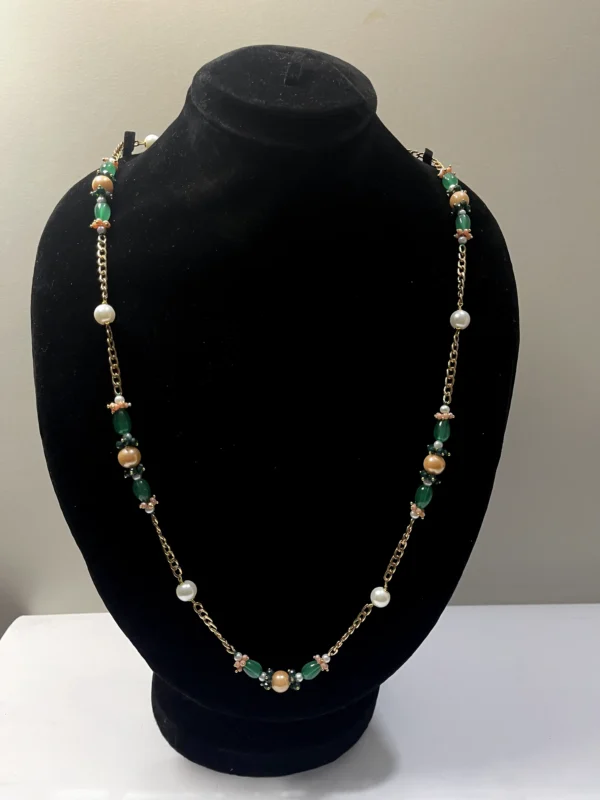 Chic White Pearl Necklace with Green Oval Beads, Orange Beads, and Gold-Tone Chain