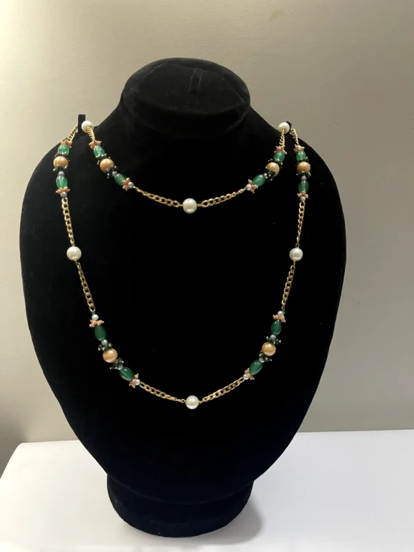 Chic White Pearl Necklace with Green Oval Beads, Orange Beads, and Gold-Tone Chain