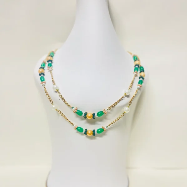 Chic White Pearl Necklace with Green Oval Beads, Orange Beads, and Gold-Tone Chain