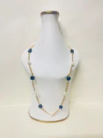 Elegant Gold Chain Necklace with Navy Blue Cushion Stones and Pearl Accents