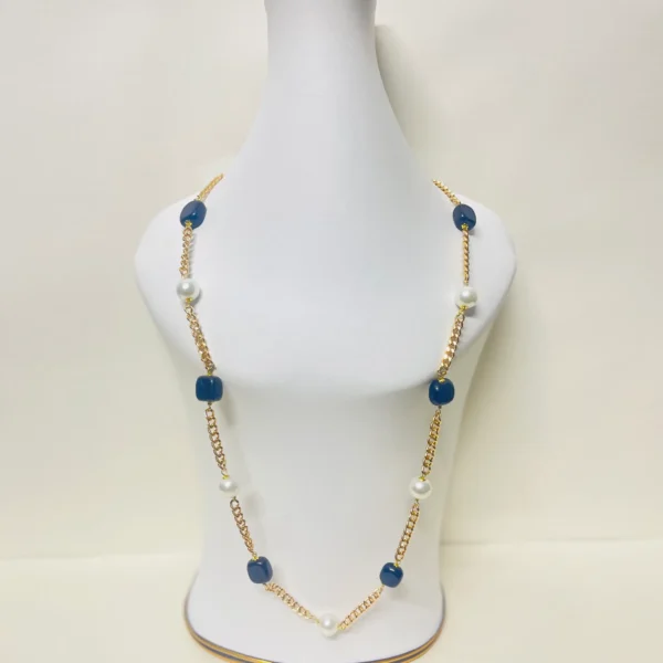 Elegant Gold Chain Necklace with Navy Blue Cushion Stones and Pearl Accents