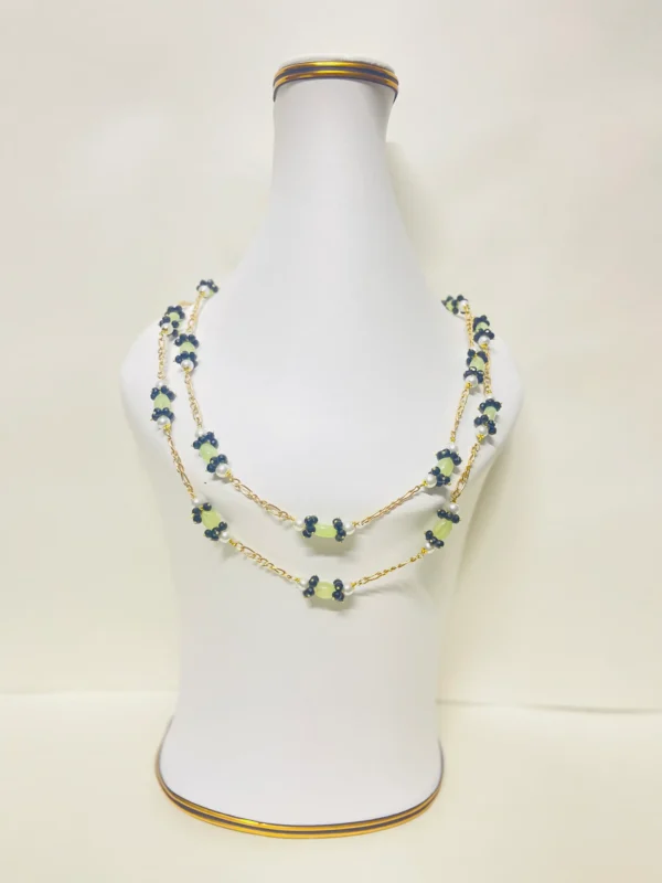 Elegant Gold-Tone Chain Necklace with White Pearls, Black Onyx Cluster Beads, and Light Green Oval Bead