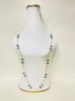 Elegant Gold-Tone Chain Necklace with White Pearls, Black Onyx Cluster Beads, and Light Green Oval Bead