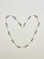 Elegant Gold-Tone Chain Necklace with White Pearls, Black Onyx Cluster Beads, and Light Green Oval Bead