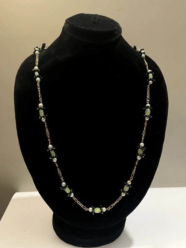 Elegant Gold-Tone Chain Necklace with White Pearls, Black Onyx Cluster Beads, and Light Green Oval Bead