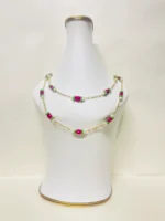 Elegant Gold-Tone Chain Necklace with White Pearls, Lime Green Onyx Cluster Beads, and Hot Pink Oval Bead