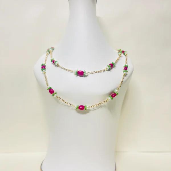 Elegant Gold-Tone Chain Necklace with White Pearls, Lime Green Onyx Cluster Beads, and Hot Pink Oval Bead