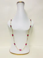 Elegant Gold-Tone Chain Necklace with White Pearls, Lime Green Onyx Cluster Beads, and Hot Pink Oval Bead