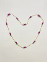 Elegant Gold-Tone Chain Necklace with White Pearls, Lime Green Onyx Cluster Beads, and Hot Pink Oval Bead