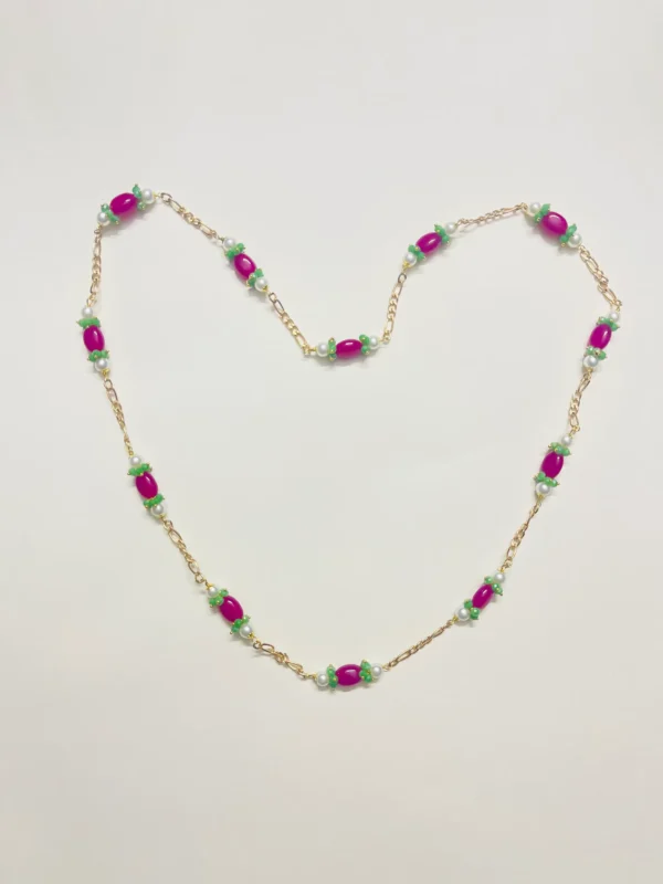 Elegant Gold-Tone Chain Necklace with White Pearls, Lime Green Onyx Cluster Beads, and Hot Pink Oval Bead