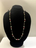 Elegant Gold-Tone Chain Necklace with White Pearls, Lime Green Onyx Cluster Beads, and Hot Pink Oval Bead