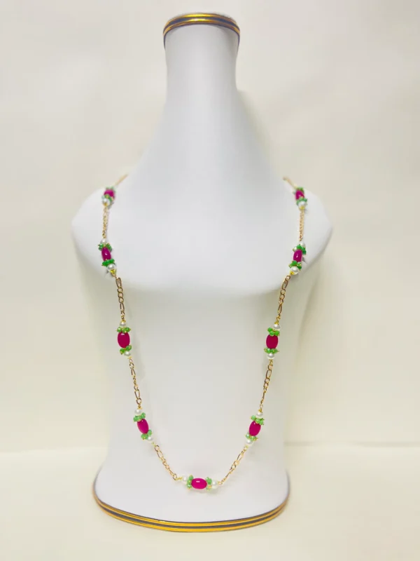 Elegant Gold-Tone Chain Necklace with White Pearls, Lime Green Onyx Cluster Beads, and Hot Pink Oval Bead