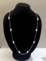 Graceful Purple Oval Beads and Light Steel Blue Onyx Cluster Beads Necklace with Gold Chain