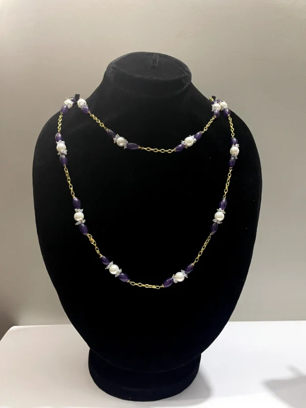 Graceful Purple Oval Beads and Light Steel Blue Onyx Cluster Beads Necklace with Gold Chain