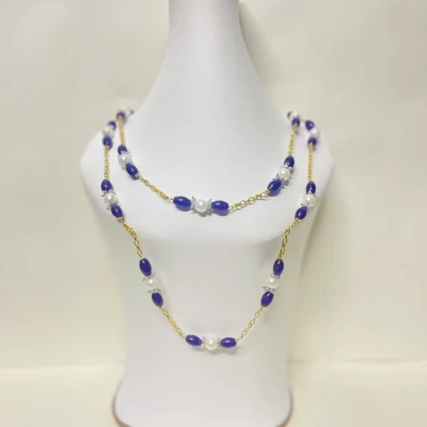 Graceful Purple Oval Beads and Light Steel Blue Onyx Cluster Beads Necklace with Gold Chain