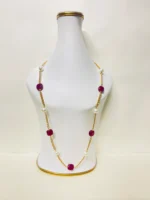 Maroon Cushion Stones Necklace with Pearl Accents and Gold Chain