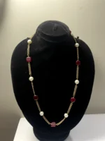 Maroon Cushion Stones Necklace with Pearl Accents and Gold Chain