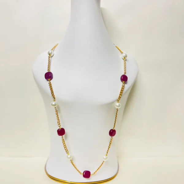 Maroon Cushion Stones Necklace with Pearl Accents and Gold Chain