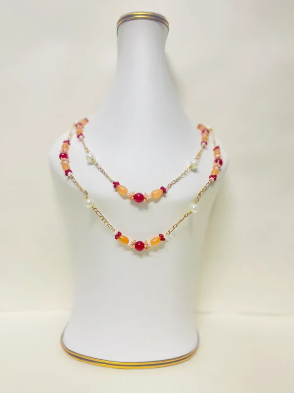 Radiant Multicolor Necklace With White Pearls, Orange Oval Beads And Red Glass Bead