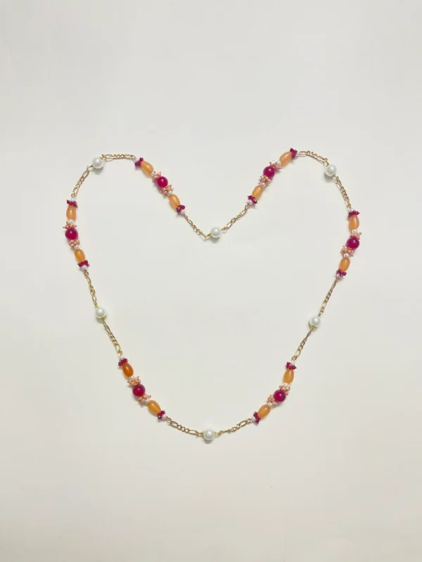 Radiant Multicolor Necklace With White Pearls, Orange Oval Beads And Red Glass Bead