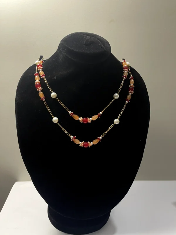 Radiant Multicolor Necklace With White Pearls, Orange Oval Beads And Red Glass Bead