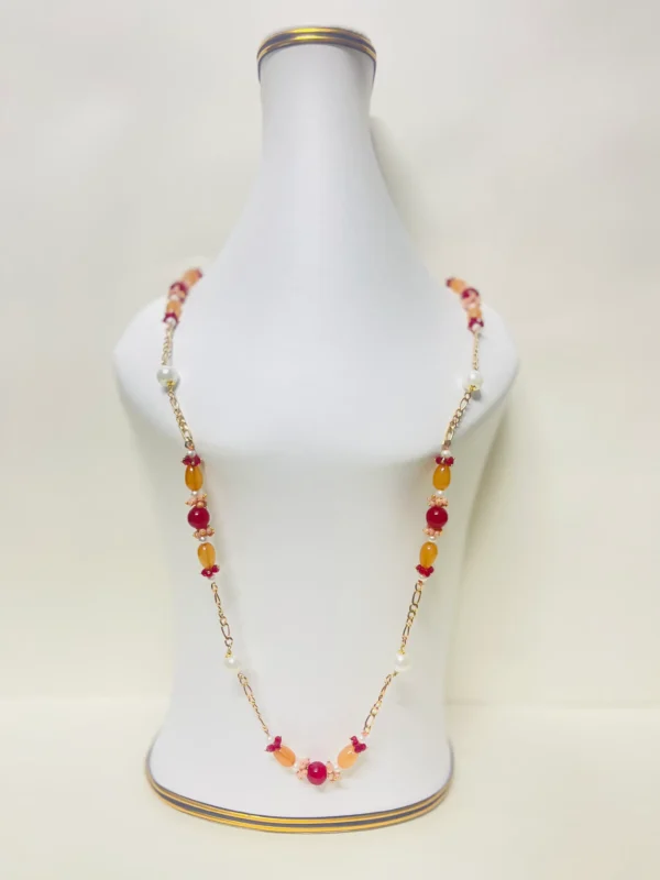 Radiant Multicolor Necklace With White Pearls, Orange Oval Beads And Red Glass Bead