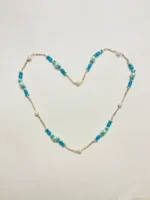 Stylish Necklace with White Pearls, Bondi Blue Oval Beads, and Light Sea Green Beads