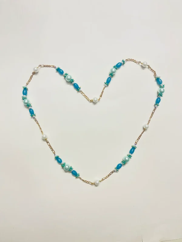 Stylish Necklace with White Pearls, Bondi Blue Oval Beads, and Light Sea Green Beads