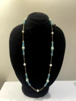 Stylish Necklace with White Pearls, Bondi Blue Oval Beads, and Light Sea Green Beads