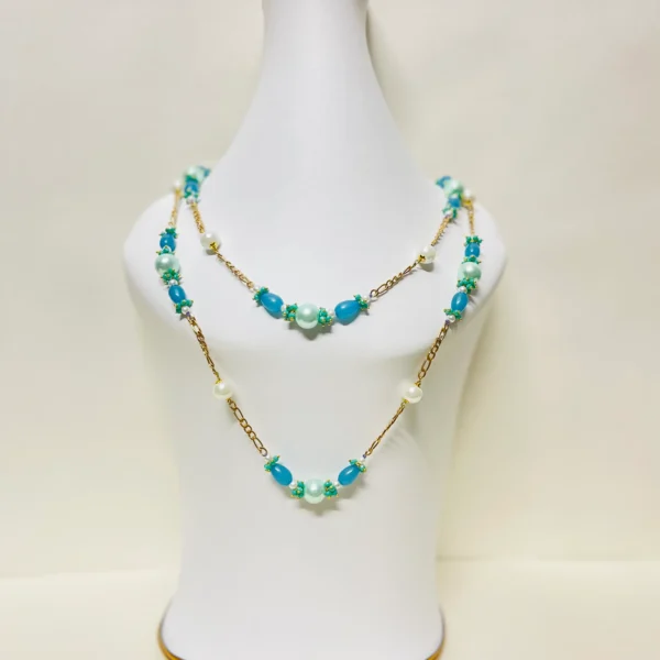 Stylish Necklace with White Pearls, Bondi Blue Oval Beads, and Light Sea Green Beads